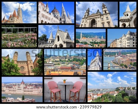 Travel photo collage from Budapest, Hungary. Collage includes major landmarks like Parliament, Fisherman\'s Bastion and Saint Stephen\'s Basilica.