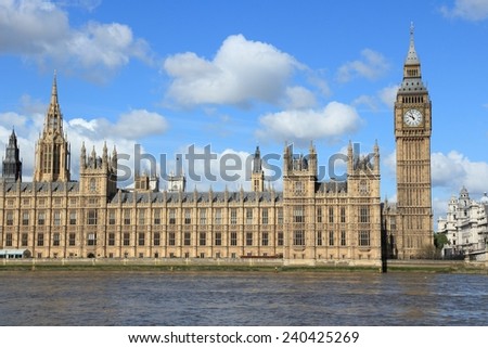 London, UK - Palace of Westminster (Houses of Parliament) with Big Ben clock tower. UNESCO World Heritage Site.