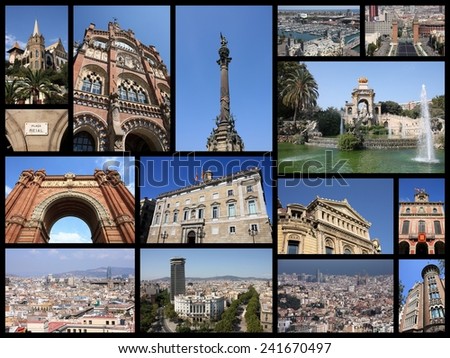 Barcelona, Spain photo collage. Collage includes major landmarks like Placa Espanya, Barceloneta and Parliament of Catalonia.