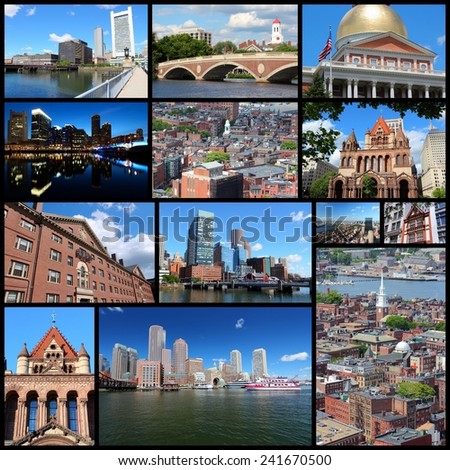 Photo collage from Boston, United States. Collage includes major landmarks like State House, city skyline and Harvard University.
