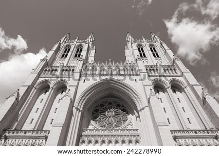 Washington DC, capital city of the United States. National Cathedral. Black and white tone - retro monochrome color style.