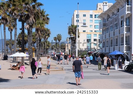 SANTA MONICA, UNITED STATES - APRIL 6, 2014: People visit Santa Monica, California. As of 2012 more than 7 million visitors from outside of LA county visited Santa Monica annually.