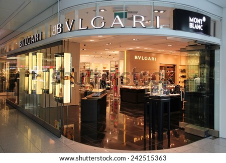 MUNICH, GERMANY - APRIL 1, 2014: Bulgari store at Munich International Airport in Germany. Bulgari is a luxury jewelry company founded in 1884. It has some 300 stores around the world.