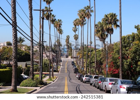 SANTA MONICA, UNITED STATES - APRIL 6, 2014: Street view in Santa Monica, California. As of 2012 more than 7 million visitors from outside of LA county visited Santa Monica annually.