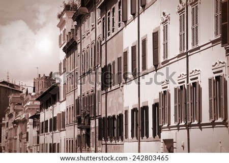 Mediterranean architecture in Rome, Italy - street view. Sepia tone - retro monochrome color style.