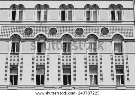 Belgrade, Serbia - old residential architecture in the capital city. Black and white tone - retro monochrome color style.