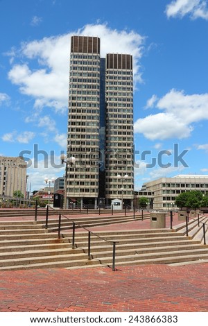 BOSTON, USA - JUNE 9, 2013: John Fitzgerald Kennedy Federal Building in Boston. Tenants include: Department of Labor, Immigration Court, IRS, DEA, and Homeland Security Investigations.