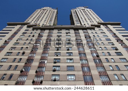NEW YORK, USA - JULY 6, 2013: Architecture view of The Century apartment building in New York. The art deco building was completed in 1931 and is part of Central Park West Historic District.