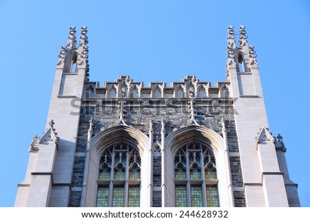 Brown Memorial Tower of Union Theological Seminary in New York. Morningside Heights landmark.
