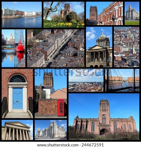 Travel photo collage from Liverpool, UK. Collage includes major landmarks like the cathedral, Albert Dock and Port Authority.