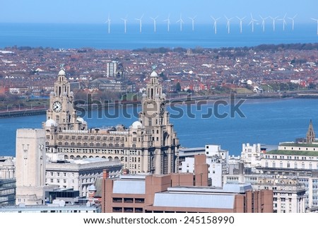 Liverpool - city in Merseyside county of North West England (UK). Aerial view with famous Royal Liver Building and offshore wind farm.