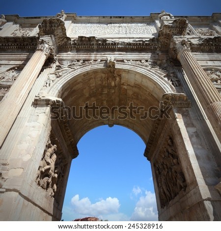 Italy - Rome. Famous triumphal arch - Arch of Constantine on Palatine Hill. Square composition.