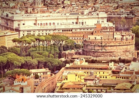 Rome, Italy. Aerial view of famous Castel Sant\' Angelo and Justice Palace courthouse in background. Cross processed color style - retro image filtered tone.