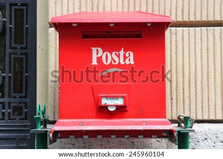 BUDAPEST, HUNGARY - JUNE 19, 2014: Post box of Hungarian Post (Magyar Posta) in Budapest. Magyar Posta employed 32,335 people in 2013.