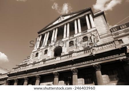 London, United Kingdom - Bank of England building. Sepia tone - filtered retro style monochrome photo.