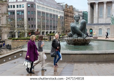 BIRMINGHAM, UK - APRIL 24, 2013: People visit Victoria Square in Birmingham. Birmingham is the most populous British city outside London with 1,074,300 residents (2011 census).