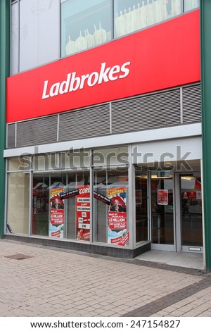 BIRMINGHAM, UK - APRIL 24, 2013: Ladbrokes betting and gaming shop in Birmingham, UK. Ladbrokes has 2,400 retail betting shops in the UK and Ireland.