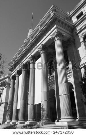 Madrid Stock Exchange, Spain. Classical architecture. Black and white tone - retro monochrome color style.