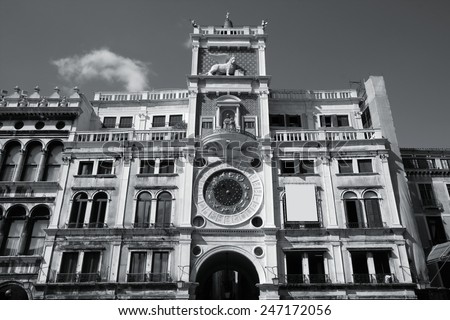 Astronomical clock at San Marco Square in Venice, Italy. Black and white tone - retro monochrome color style.