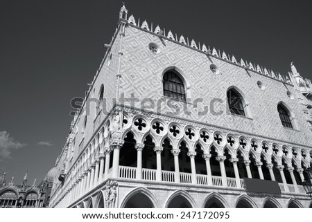 Doge\'s Palace in Venice, Italy. Old architecture. Black and white tone - retro monochrome color style.