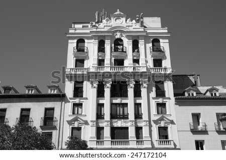 Madrid, Spain - Old architecture at Plaza Santa Ana. Black and white tone - retro monochrome color style.