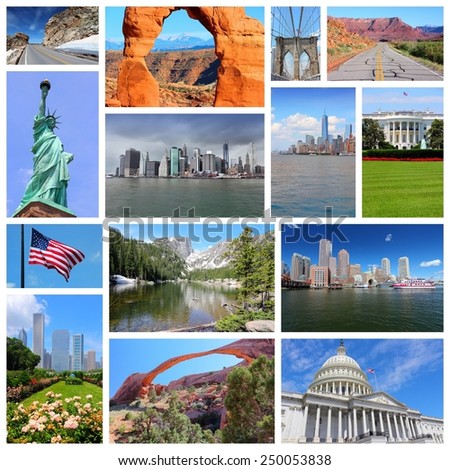 United States photo collage. Collage includes major landmarks like New York City, Washington DC, Chicago, Boston, Rocky Mountains and Utah.