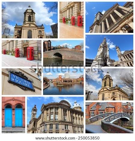 Travel photo collage from Birmingham, UK. Collage includes major landmarks like Art Gallery, Saint Philip\'s Cathedral and red telephone booths.