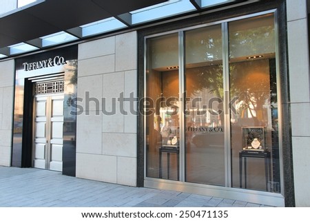 DUSSELDORF, GERMANY - JULY 8, 2013: Tiffany and Co store in Dusseldorf, Germany. The store is located at Konigsallee, luxurious top shopping street.