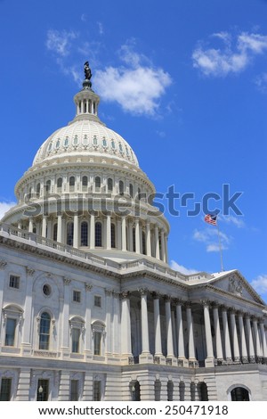 Washington DC, capital city of the United States. National Capitol building with US flag.
