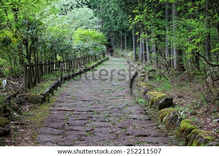 Japan - historic Nakasendo trail near Magome. Old travel route hundreds of years old.