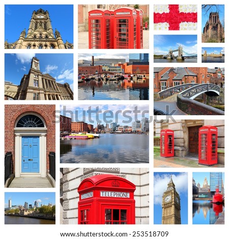 England, United Kingdom places photo collage. Collage includes major cities like London, Birmingham, Manchester, Liverpool and Bolton.