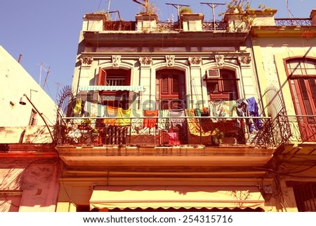 Havana, Cuba - city architecture. Retro balcony. Cross processed color tone - retro style filtered image.