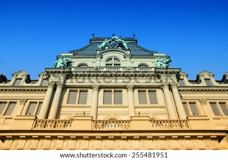 Sankt Gallen, Switzerland - beautiful old landmark. Vintage bank architecture. Filtered style toned color.