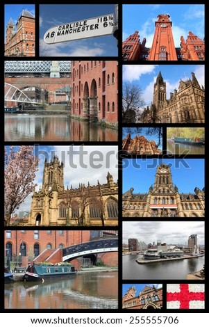 Manchester, UK travel photos collage. Collage includes major landmarks like City Hall, Castlefield waterway district and the Cathedral.