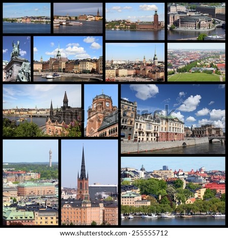 Stockholm, Sweden travel photos collage. Collage includes major landmarks like Gamla Stan (Old Town), Sodermalm island and Parliament.