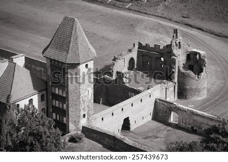 Medieval castle in Poland - Malbork. Old landmark. Black and white.