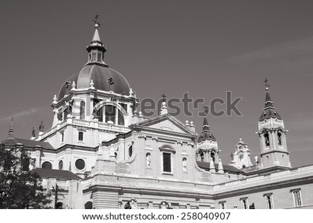 Madrid church - Almudena Cathedral. Spanish capital city. Black and white retro tone.