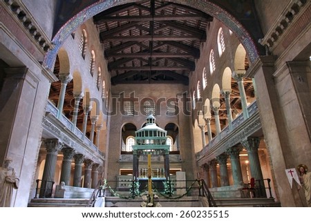 ROME, ITALY - APRIL 9, 2012: Interior of Basilica of Saint Lawrence outside the Walls in Rome, Italy. Famous church is the shrine tomb of the church\'s namesake, Saint Lawrence.