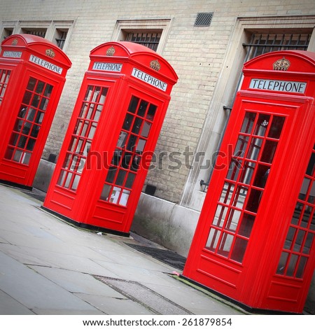 London, UK - red telephone booths of Broad Court, Covent Garden. Square composition.