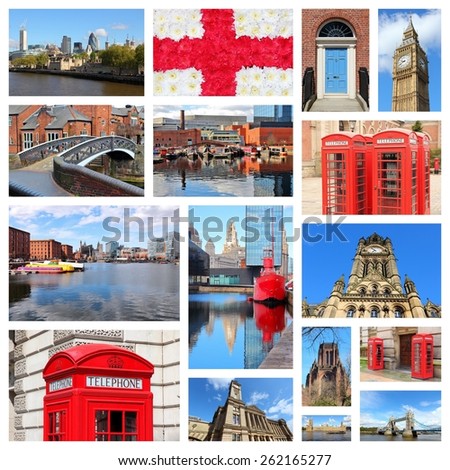 England, United Kingdom places photo collage. Collage includes major cities like London, Birmingham, Manchester, Liverpool and Bolton.