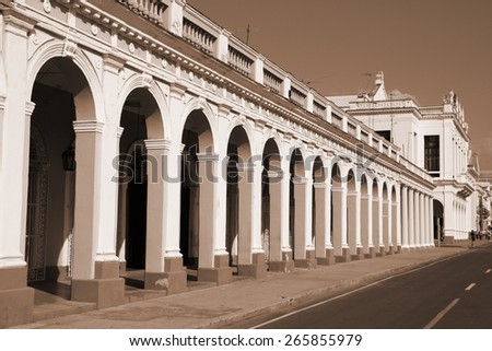 Cuba - colonial town architecture. Cienfuegos in sepia tone - retro monochrome color style.