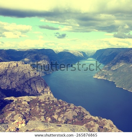 Fiord view in Norway, Rogaland county. Lysefjord -  vintage style photo color.