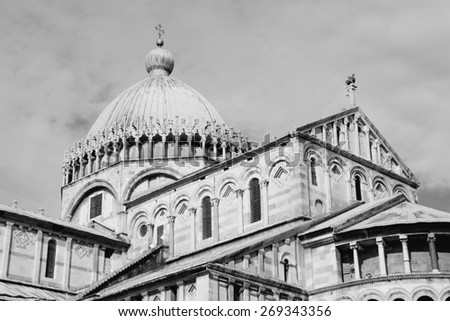 Pisa, Tuscany, Italy. Famous cathedral. UNESCO World Heritage List landmark. Black and white tone - retro monochrome BW color style.