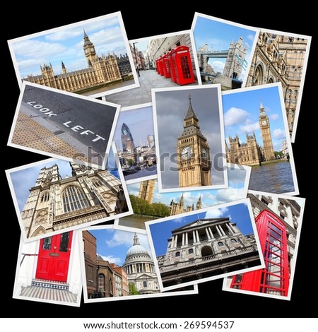 Travel photo collage from London, UK. Collage includes major landmarks like Big Ben, Saint Paul\'s Cathedral and red telephone booths.
