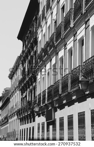 Mediterranean architecture in Spain. Lavapies district of Madrid. Black and white retro tone.
