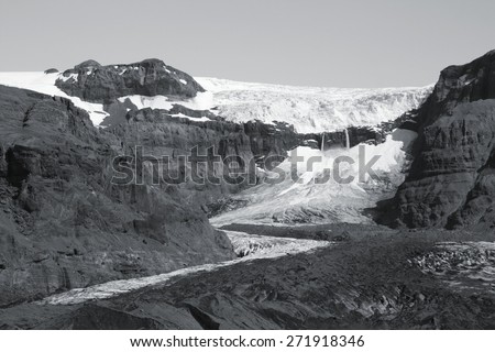 Morsarjokull glacier in Skaftafell National Park, Iceland. Black and white toned image.