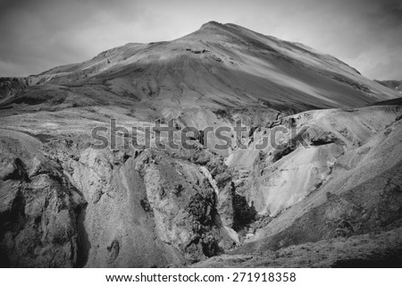Rhyolite mountains in inactive volcanic area - Lonsoraefi and Stafafell mountains in Iceland. Black and white toned image.