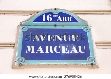 Paris, France - Avenue Marceau old street sign.