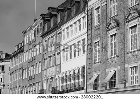 Copenhagen old town architecture. Black and white tone - retro monochrome style.