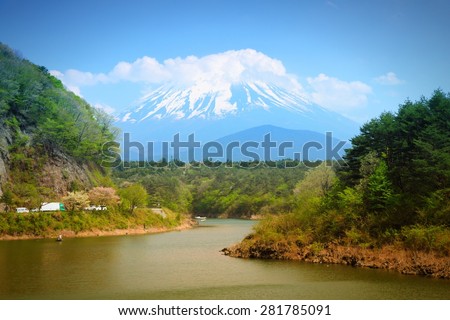 Japan landscape with Mount Fuji and Lake Shoji. Filtered tone.